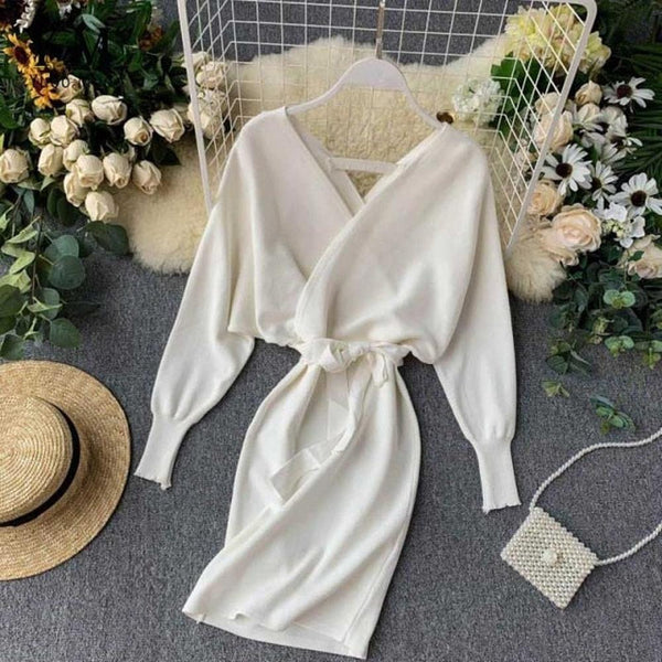 Elegant Beige V Neck Tie Waist Long Batwing Sleeve Dress AR1021 shopify