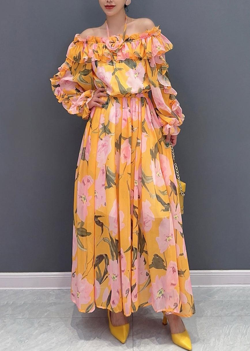 Women Orange Slash Neck Cold Shoulder Patchwork Long Dress Long Sleeve AO1024 JDML-FDL240909