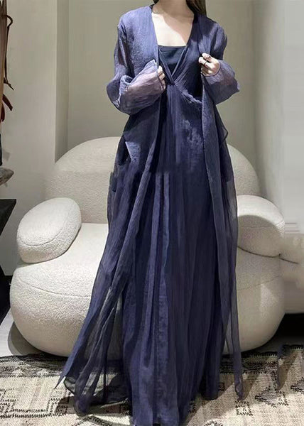 Style Dark Purple Patchwork Tie Waist Tulle Long Dresses Long Sleeve TT1018 shopify