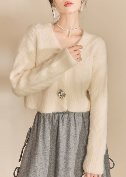 Fashion White V Neck Woolen Short Cardigans Fall WV014 ABC