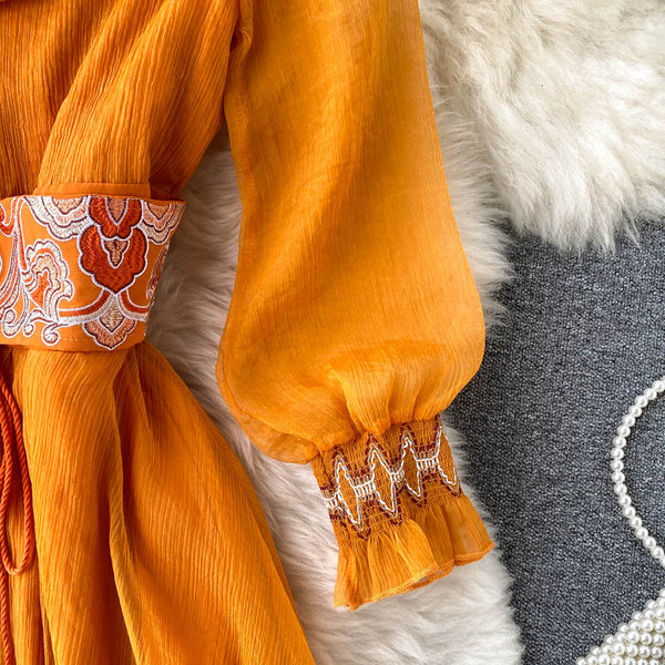 Retro Orange V Neck Splicing Embroidered Waistband Lantern Sleeve Dress AR1013 shopify