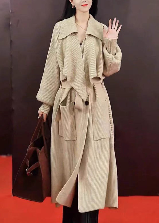 Fashion Grey Peter Pan Collar Pockets Tie Waist Knit Long Coats Winter WD039 OL-NCT241103