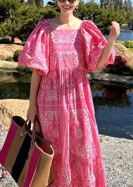 Stylish Navy Square Collar Print Cotton Dresses Puff Sleeve QP039 OL-SDL241001