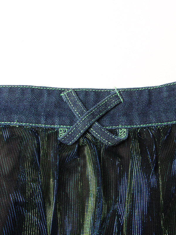 Stylish Denim With Belted Patchwork Blue Green Tulle A-Line Skirt TT1038 shopify