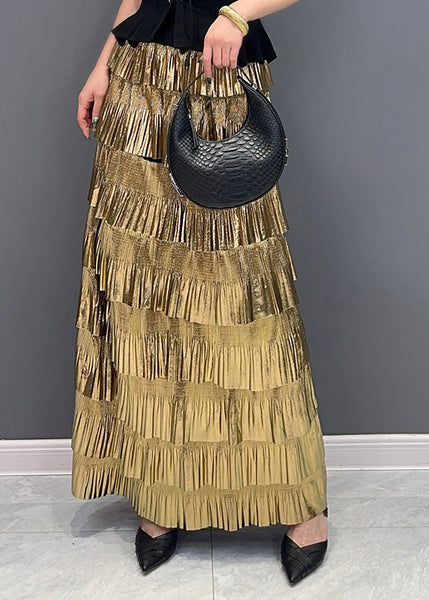 Stylish Gold High Waist Layered Wrinkled Skirts Summer AO1003 JDML-SKTS240909