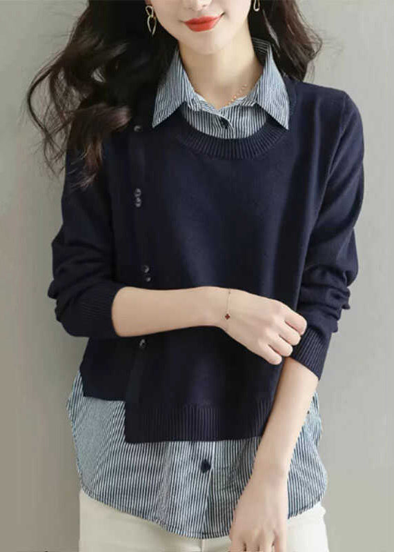 Natural Coffee Peter Pan Collar Patchwork Fake Two Pieces Wool Knit Shirt Fal WD038 OL-NTP241103