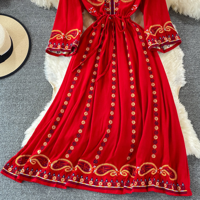 Vintage Green V-neck Tie Waist Flower Embroidery Three-quarter Sleeve A-line Dress AR1022 shopify