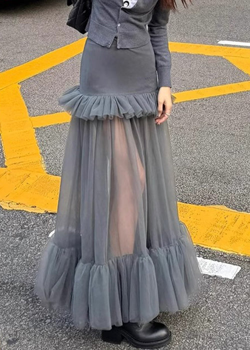 Slim Fit Grey Ruffled Tulle Patchwork Maxi Skirts Spring RV006 ABC