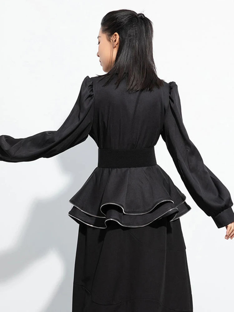 Women's Black Notched Lapel Pu Belted Ruffle Hem Long Sleeve Blazer TW024 ABC