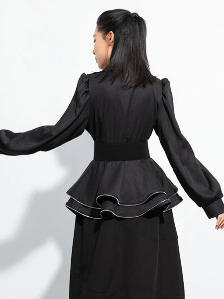 Women's Black Notched Lapel Pu Belted Ruffle Hem Long Sleeve Blazer TW024 ABC