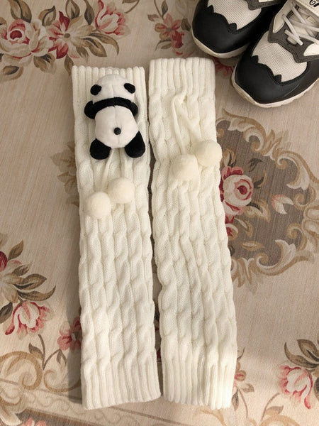 Decorated Cable Leg Warmers Black Pom-Pom Panda White Creamy Brooch + Knit Set / FashionChic