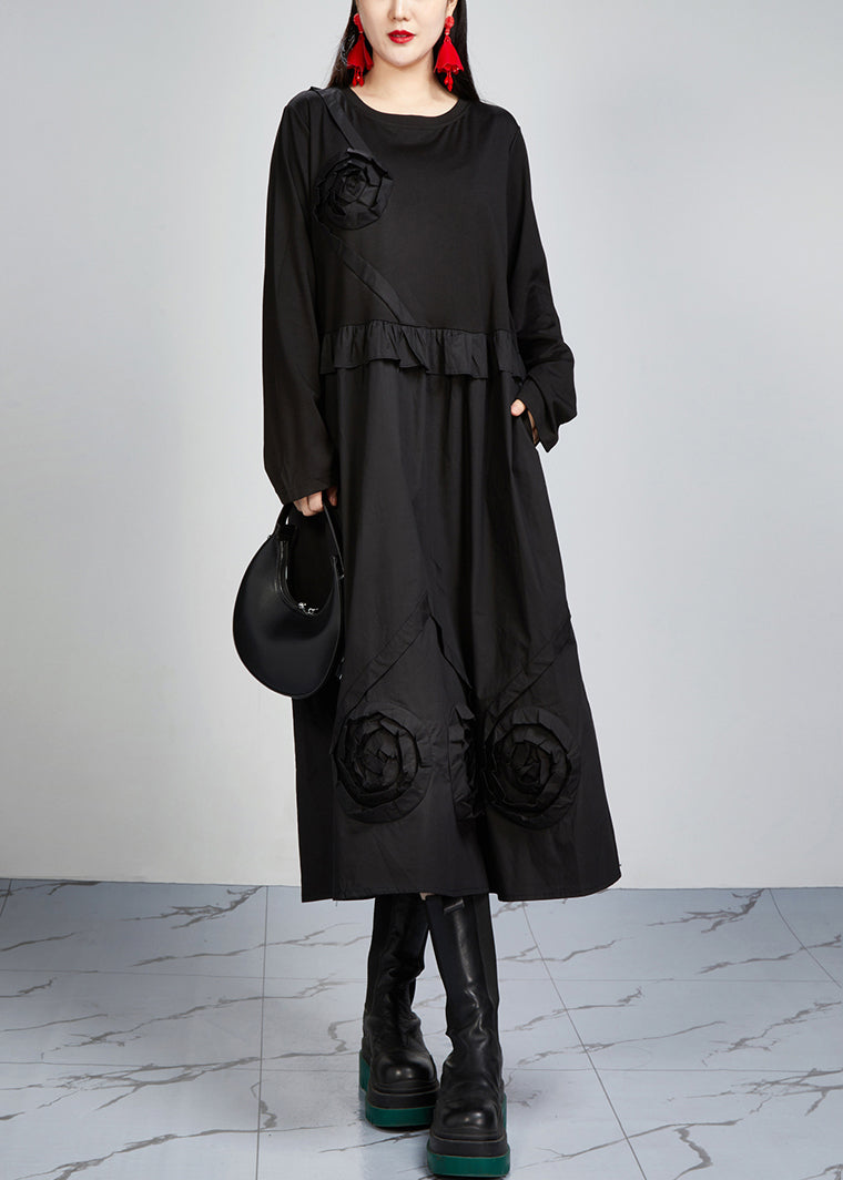 Italian Black O Neck Pockets Patchwork Cotton Dress Long Sleeve AR1026 JDML-240823