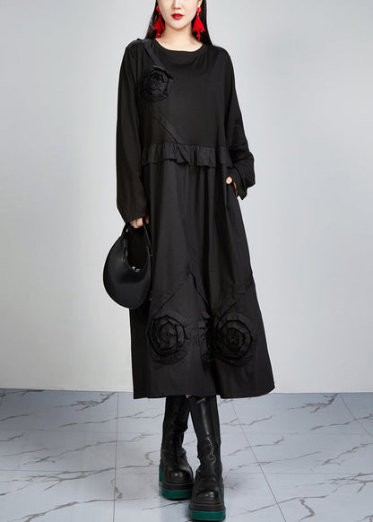 Italian Black O Neck Pockets Patchwork Cotton Dress Long Sleeve AR1026 JDML-240823