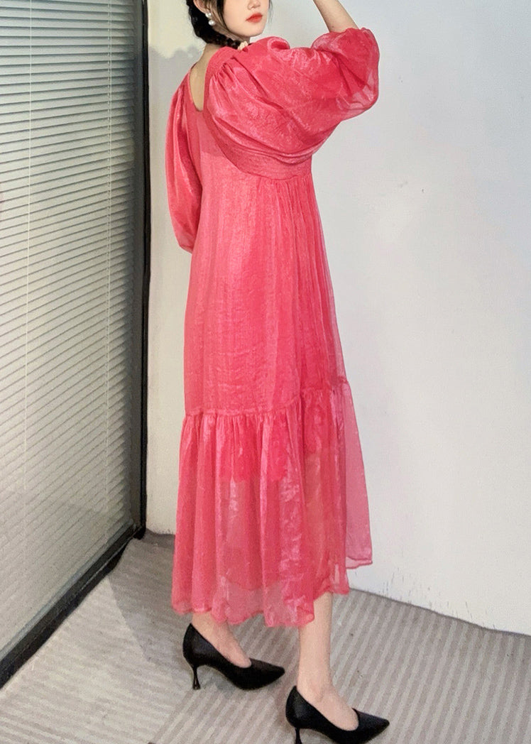 Summer New Watermelon Red V Neck Wrinkled Puff Sleeve Long Dress AO1050 JDML-FDL240909