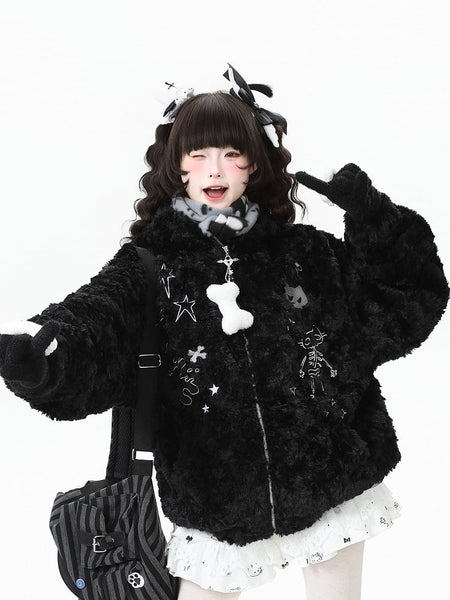 Hoodie Star Plush Bittersweet Pattern Black/Grey Jacket with FashionChic