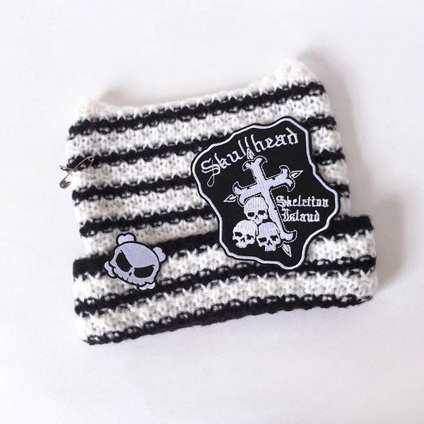Y2K Ear Design Hat Knitted Black/White Cat FashionChic