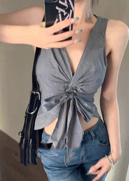 Sexy Grey V Neck Tie Waist Vest Summer AN1028 Genistyle Shop