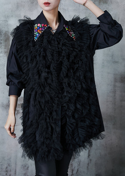 Italian Black Ruffled Patchwork Gemstone Cotton Blouses Fall PZGY-LTP240826