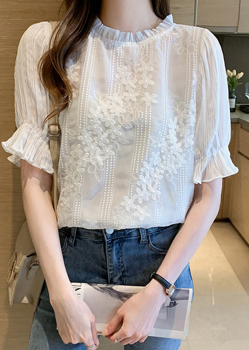 Shirts Chiffon White Bohemian Summer Embroidered Floral FashionChic