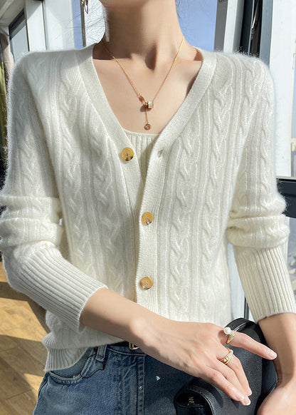 Italian Pink V Neck Solid Cable Wool Knit Cardigans Fall QP015 OL-NCT241001