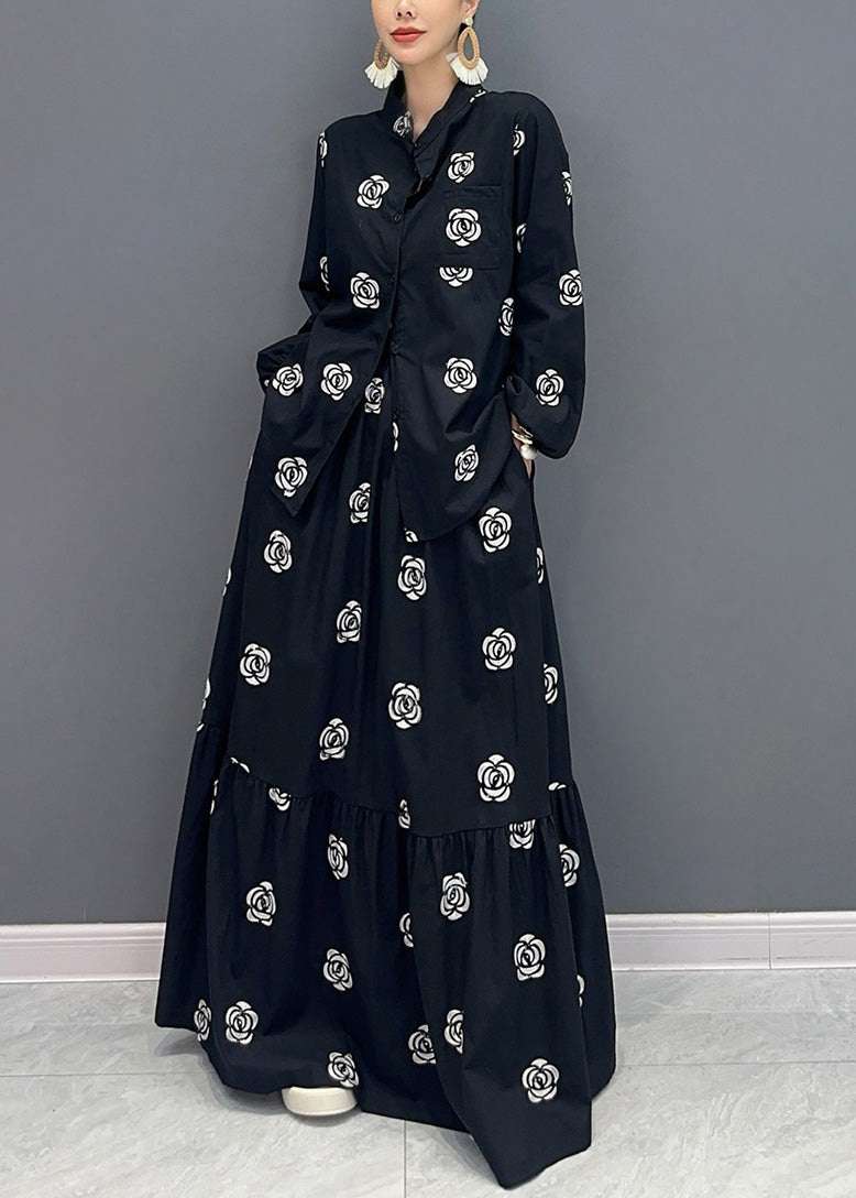 Boutique Black Stand Collar Print Patchwork Cotton Two-Piece Set Fall AO1016 JDML-TPIEC240909