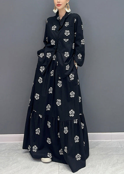 Boutique Black Stand Collar Print Patchwork Cotton Two-Piece Set Fall AO1016 JDML-TPIEC240909