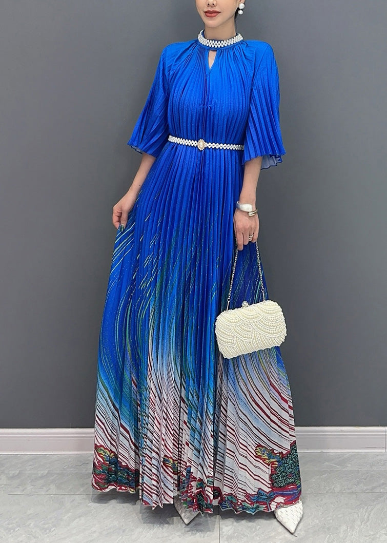 Unique Blue Stand Collar Print Wrinkled Long Dress Summer AO1002 JDML-SDL240909