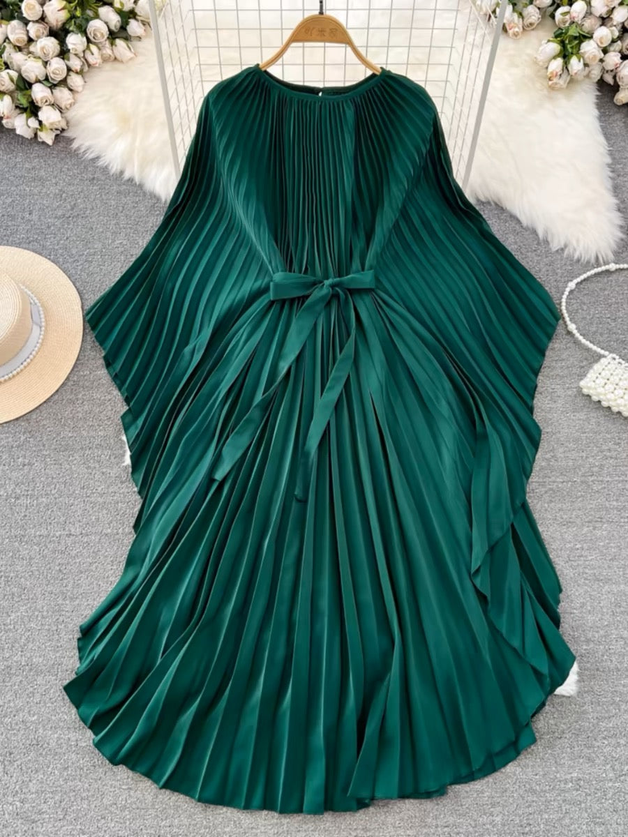 Elegant Round Neck Green Batwing Sleeve Lace-up Pleated Dress AZ1007 Genistyle Shop