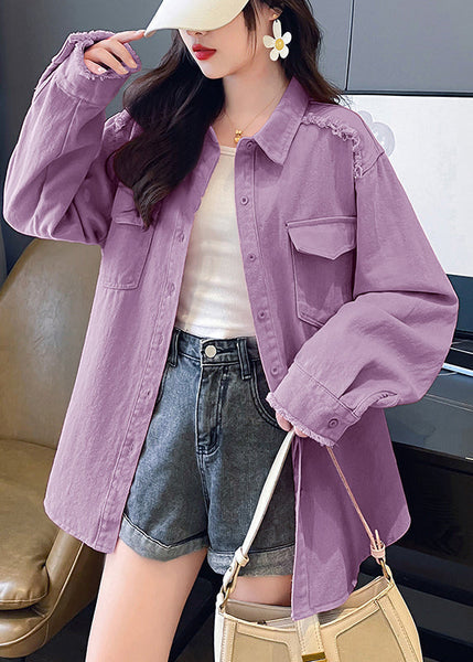 Casual Pink Peter Pan Collar Pockets Denim Shirts Coat Fall QX021 shopify