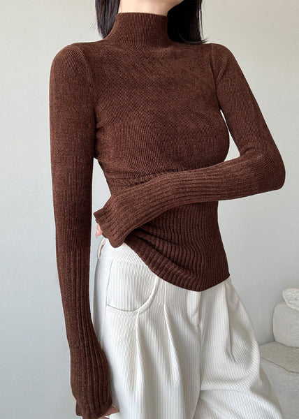 Slim Fit Brown Hign Neck Patchwork Knit Sweaters Winter RV039 ABC