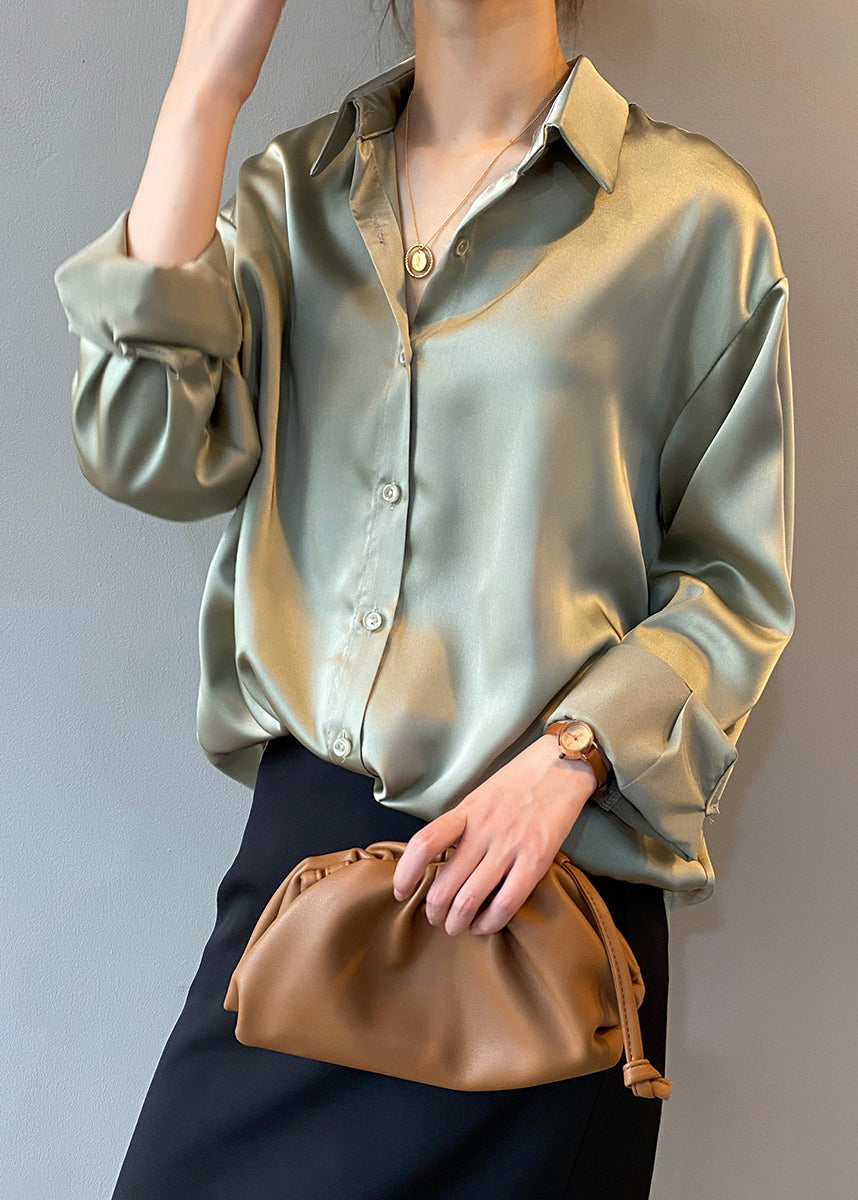 Fine Green Peter Pan Collar Button Silk Shirts Top Fall QC021 shopify