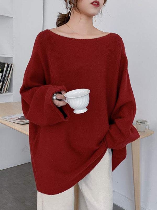 Loose Burgundy Round-Neck Long Sleeve Knit Top AN1071 Genistyle Shop