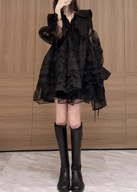 Long Neck Mid V Dresses French Tulle Patchwork Black Sleeve FashionChic