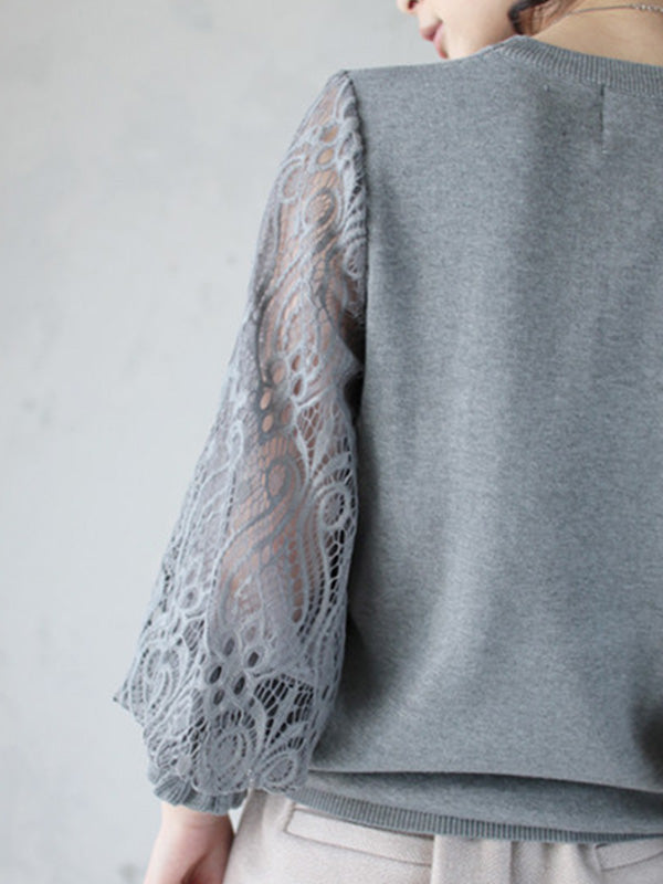 Tempermant Black Round-Neck Patchwork Hollow Lace Long Puff Sleeves Sweater QX011 shopify