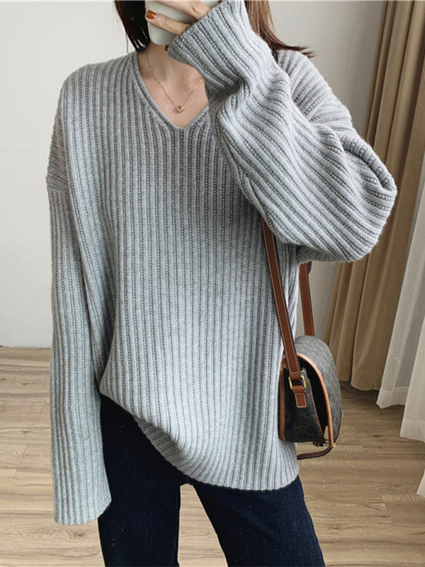 Vintage Caramel V-Neck Long Sleeves Striped Knit Sweater QX001 shopify