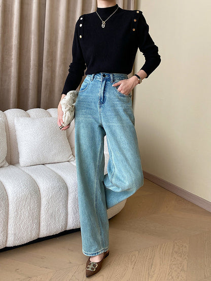 Elegant Grey High-Neck Buttoned Decor Long Sleeve Knit Sweater AN1050 Genistyle Shop