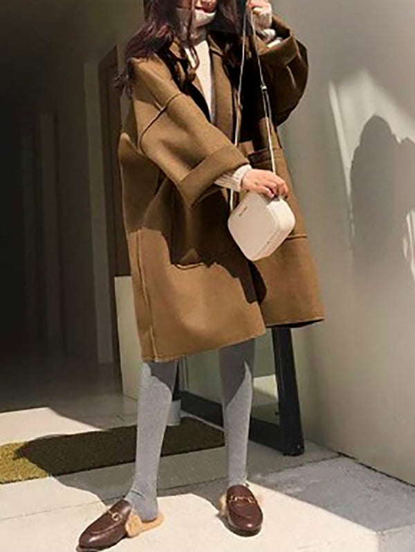 Elegant Loose Khaki Notched Collar Buttoned Pockets Long Sleeves Woolen Coat WS013 shopify