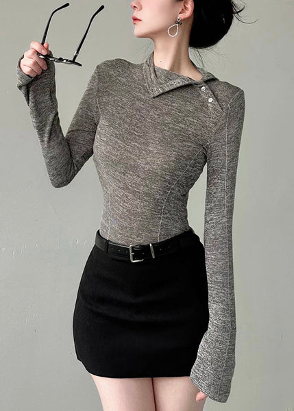 Stylish Grey Hign Neck Patchwork Cotton T Shirts Fall AN1002 Genistyle Shop