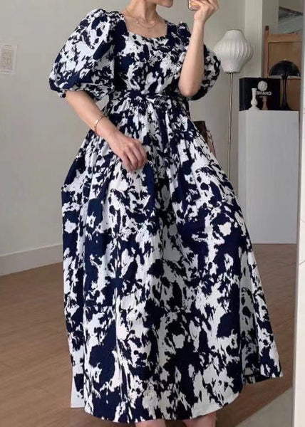 Elegant Black Square Collar Print Cotton Long Dress Summer QP005 OL-SDL241001