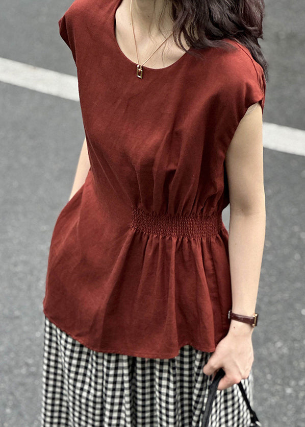 Women Red O Neck Solid Cotton Tops Summer AF1001 HS-STP240914