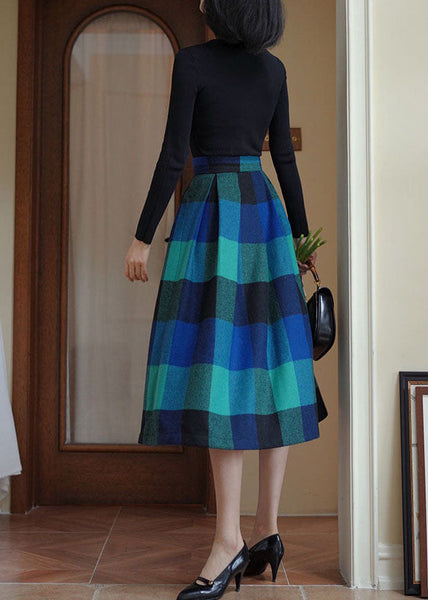 Unique Blue High Waist Plaid Wool Pleated Skirt Spring AJ1001 shopify