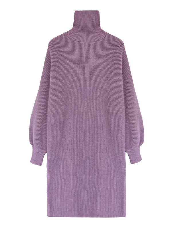 Urban Loose Purple High-Neck Long Puff Sleeve Sweater Dress AN1052 Genistyle Shop