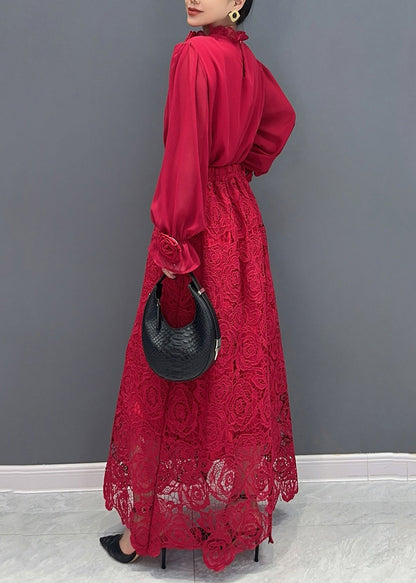 Fine Red Rose Lace Shirts And Maxi Skirts Two Pieces Set Fall AO1033 JDML-TPIEC240909