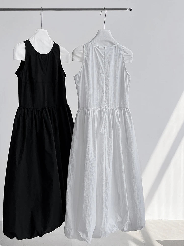 Patchwork O-neck Dress Simple Sleeveless Blue Puff Hem FashionChic