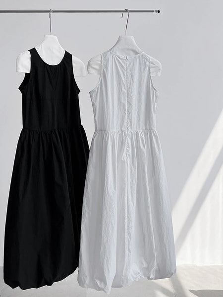 Patchwork O-neck Dress Simple Sleeveless Blue Puff Hem FashionChic