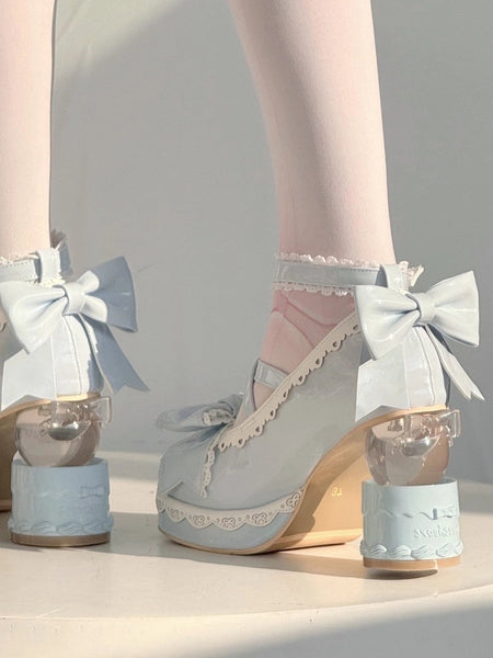 Shaped Romantic Heart Bow with Cake Sweet Mary Heel Lolita Shoes Blue in Platform Closure High-heel Jane FashionChic