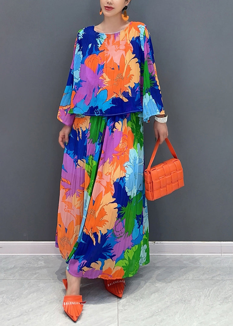 Organic Rainbow O-Neck Print Top And Wide Leg Pants Two Piece Suit Set Fall AO1052 JDML-TPIEC240909