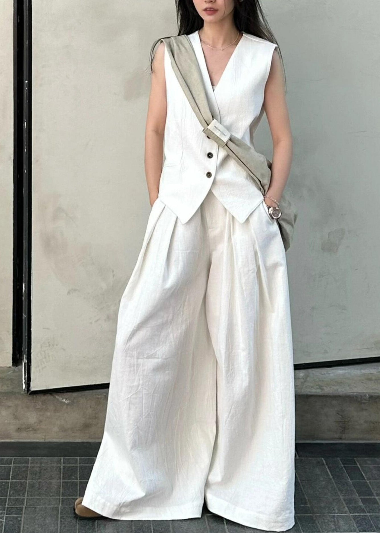 Vogue White V Neck Button Linen Waistcoat And Wide Leg Pants Two Piece Set Summer AN1030 Genistyle Shop