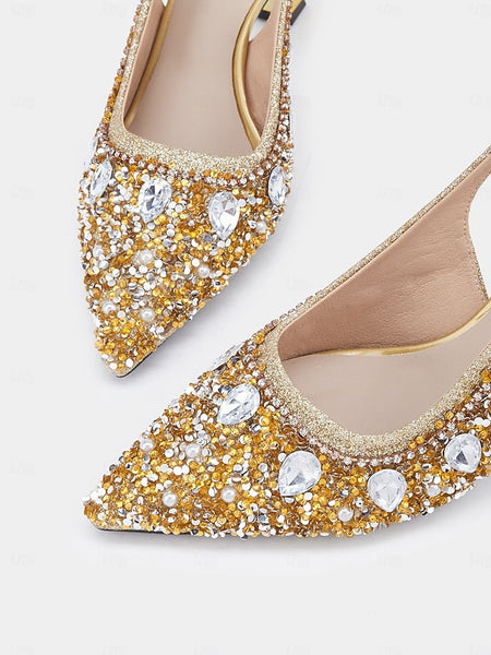with Slingback Gold Rhinestone Heels Women's Pearl FashionChic