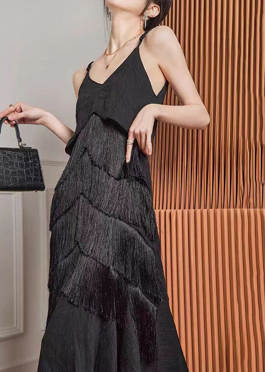 French Black Tasseled Vacation Strap Fishtail Dress Summer AJ1026 shopify